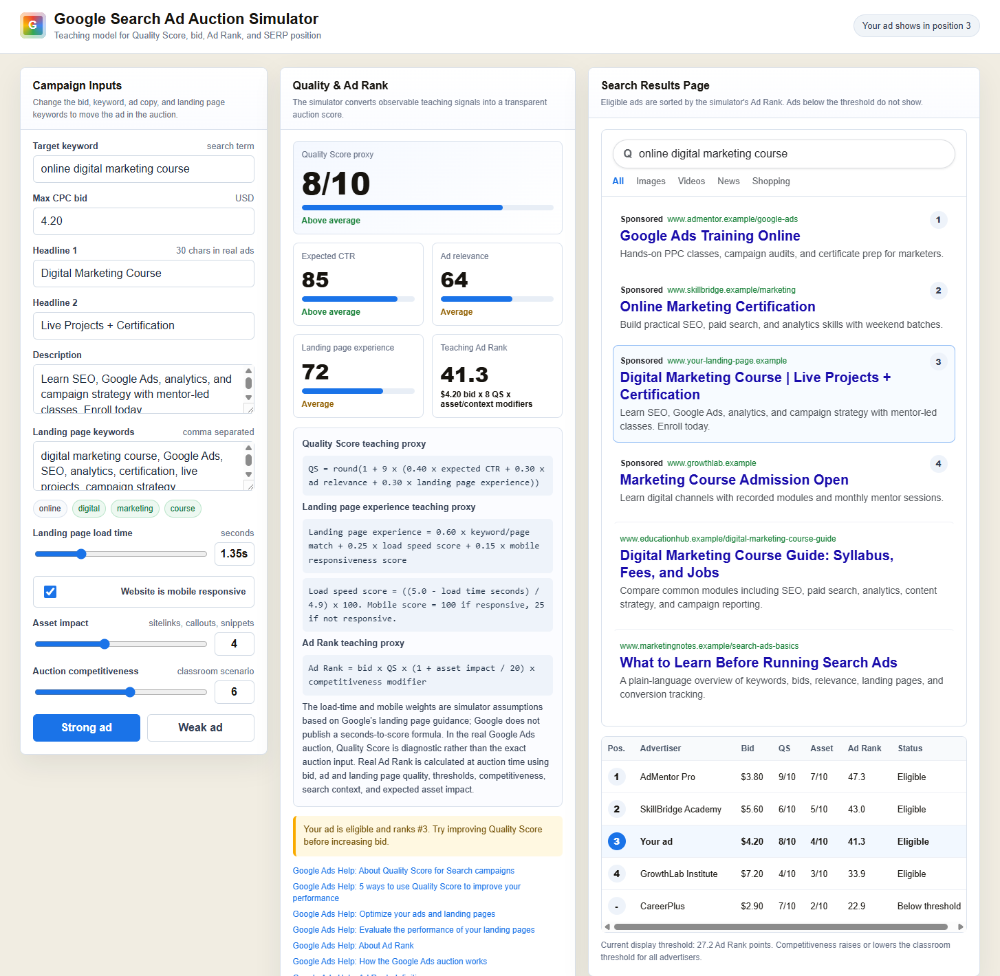 Google Search Ad Auction Simulator interface preview